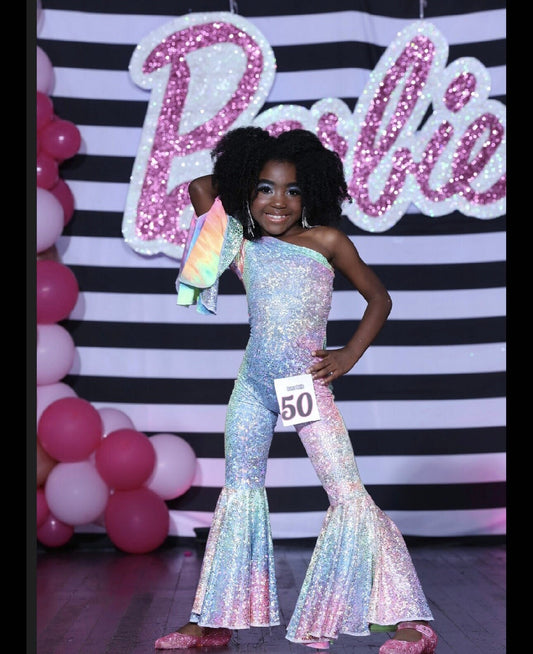 Holographic Dancing Queen Asymmetric Jumpsuit|Flare Bell Jumpsuit|One Shoulder Jumpsuit|Girl birthday outfits|Dance Apparel