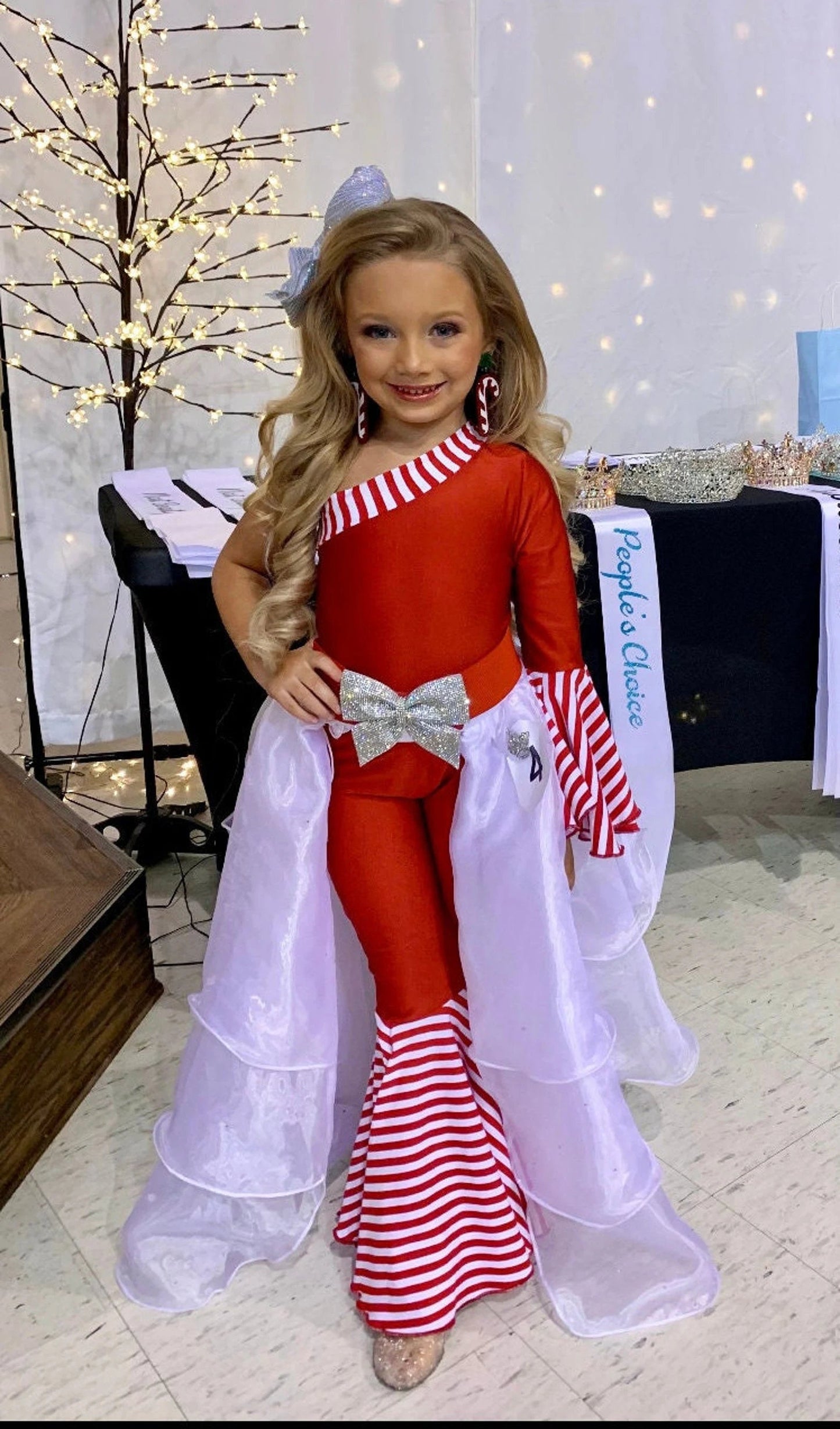 Candy Cane Christmas Jumpsuit for Kids Also Available In Adult Sizes|Detachable Train, Bow Belt, Hair Bow, Wrist Cuffs|Sold Separately