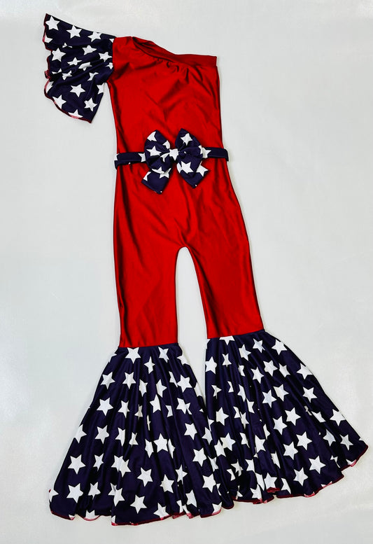 Patriotic One-Shoulder Jumpsuit with Bell Sleeve & Bottoms, Matching Belt. Wrist Cuffs sold separately  4th of July, Memorial Day, Dance