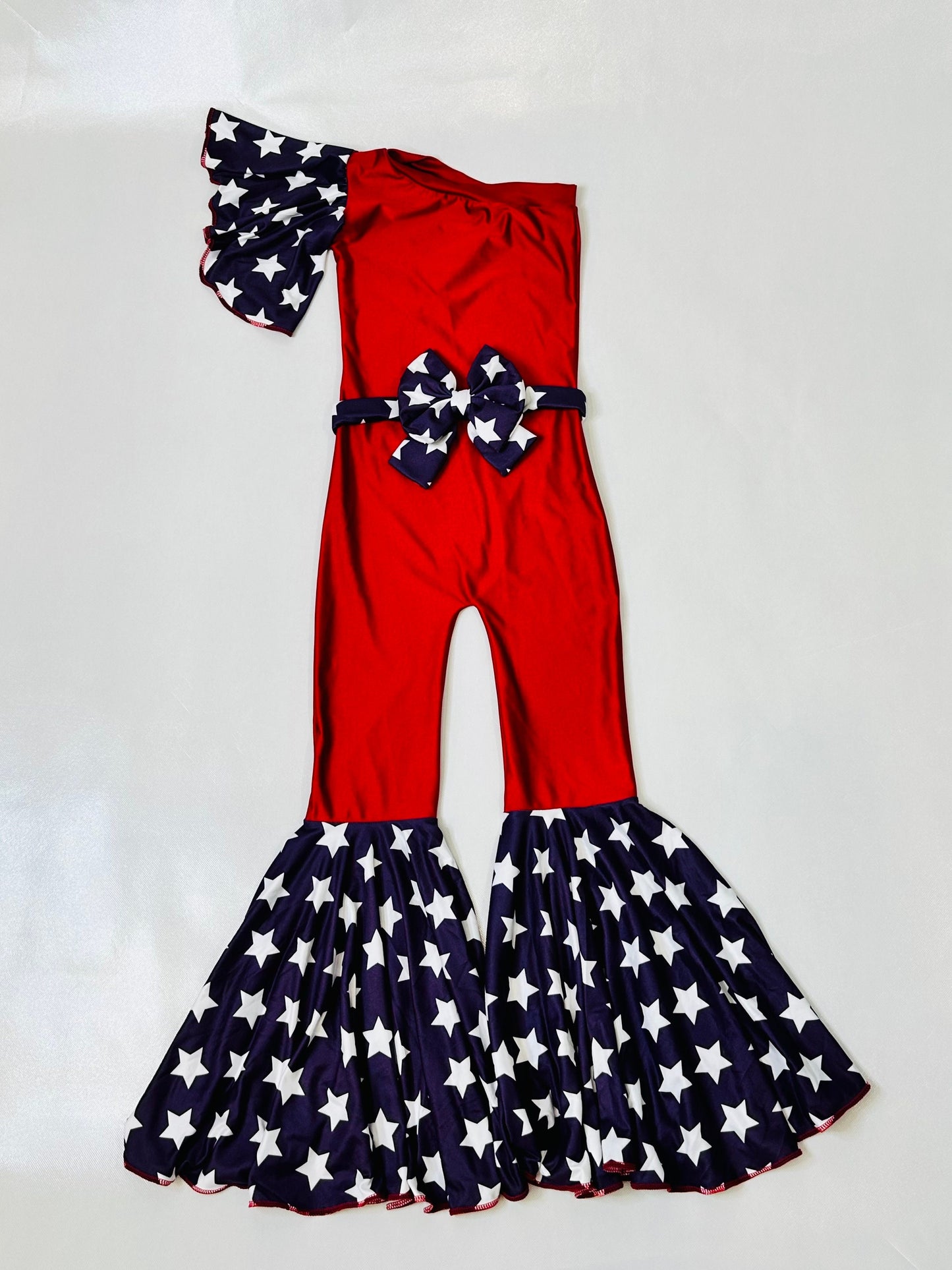 Patriotic One-Shoulder Jumpsuit with Bell Sleeve & Bottoms, Matching Belt. Wrist Cuffs sold separately  4th of July, Memorial Day, Dance