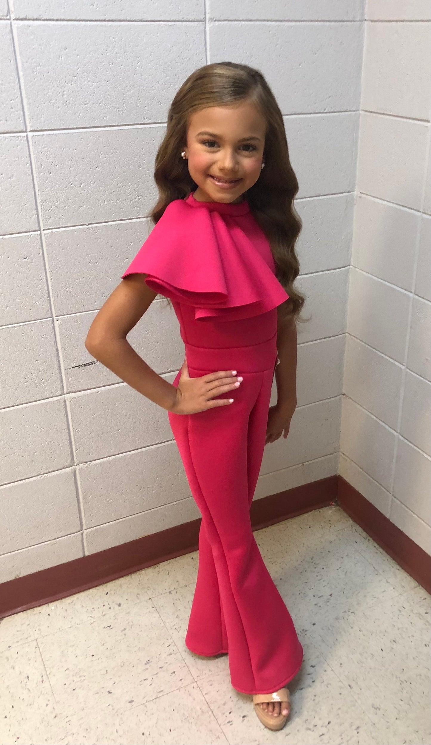 Custom Pageant Neoprene Scuba Jumpsuit with Ruffles, Girls Casual Wear, Romper Outfit. Wholesome Goods Co