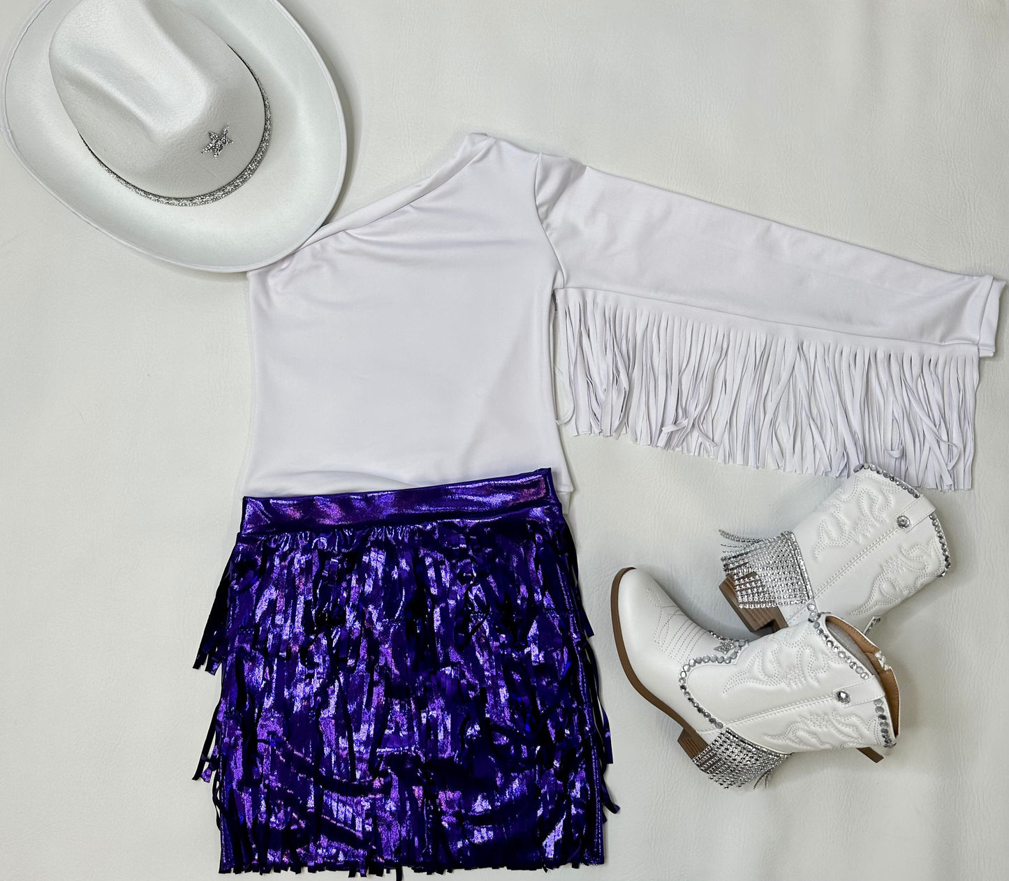 Cowgirl Glam - Fringe Skirt, One-Shoulder Fringe Sleeve Top (Sold Separately) Customize Yours! Choose Your Color By Wholesome Goods Co