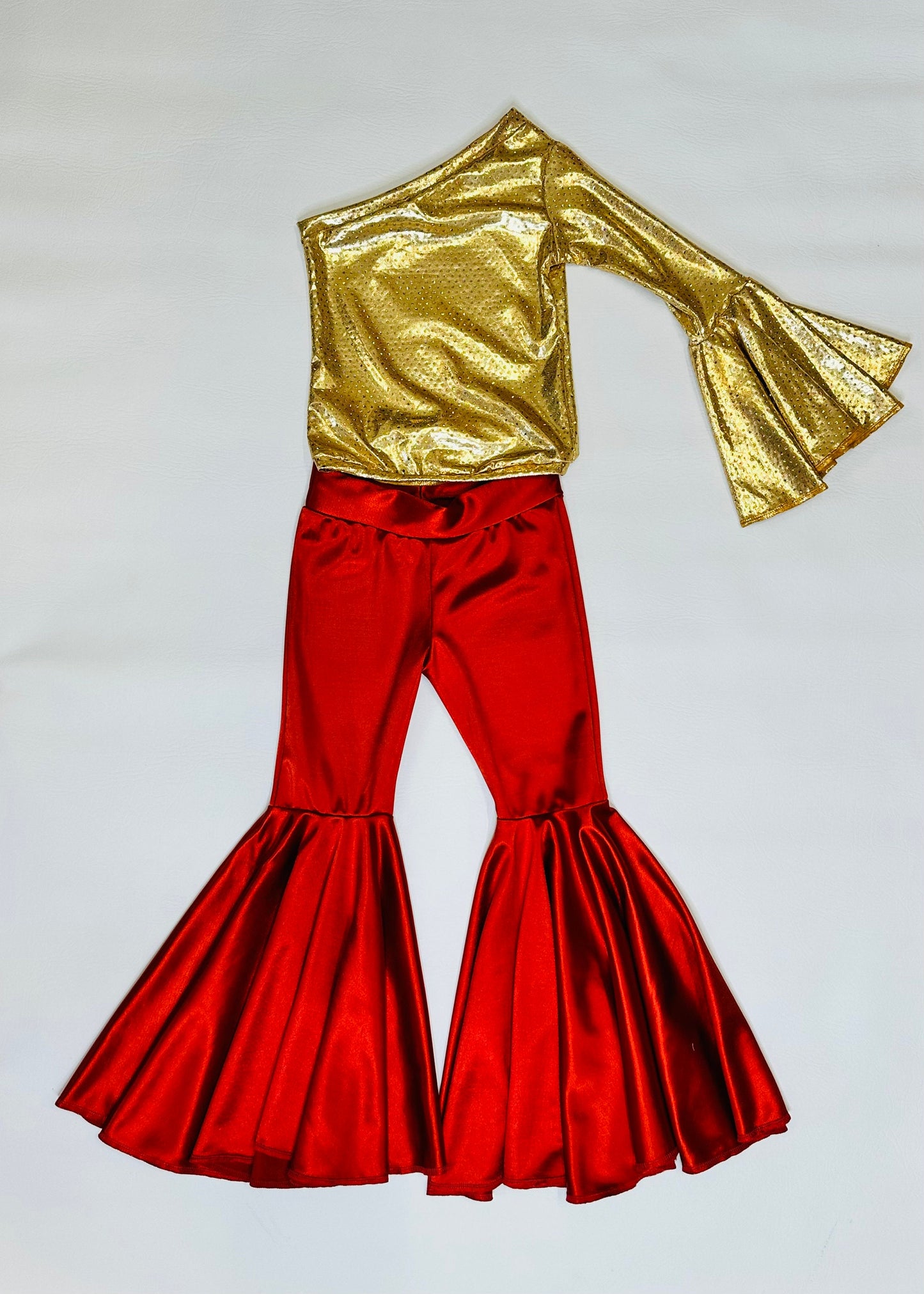 Golden Era Ensemble: Retro One-Shoulder Bell Sleeve Top and Rust Flare Bell Bottoms (Sold Separately) By Wholesome Goods Co| Fall Outfit