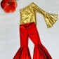 Golden Era Ensemble: Retro One-Shoulder Bell Sleeve Top and Rust Flare Bell Bottoms (Sold Separately) By Wholesome Goods Co| Fall Outfit