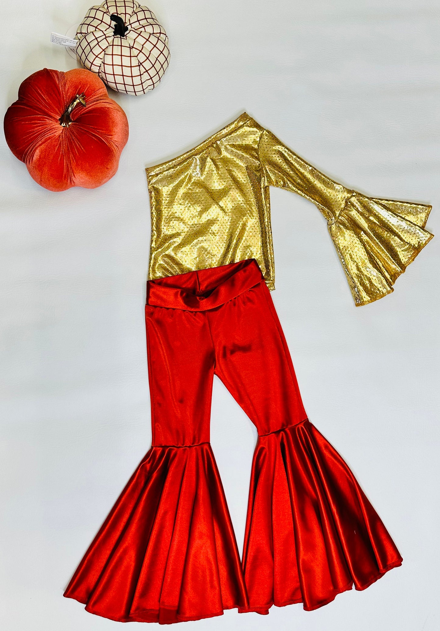 Golden Era Ensemble: Retro One-Shoulder Bell Sleeve Top and Rust Flare Bell Bottoms (Sold Separately) By Wholesome Goods Co| Fall Outfit