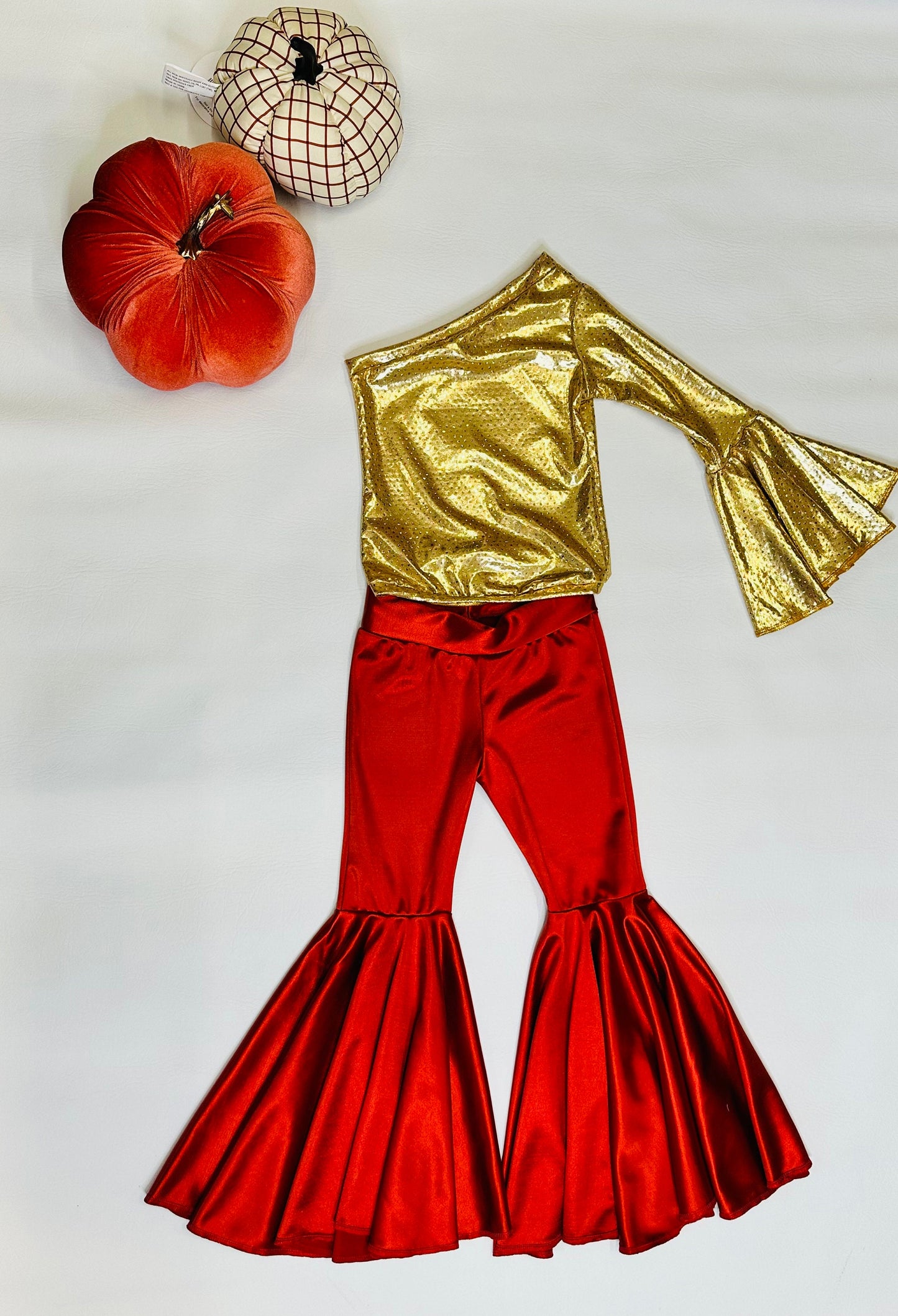 Golden Era Ensemble: Retro One-Shoulder Bell Sleeve Top and Rust Flare Bell Bottoms (Sold Separately) By Wholesome Goods Co| Fall Outfit