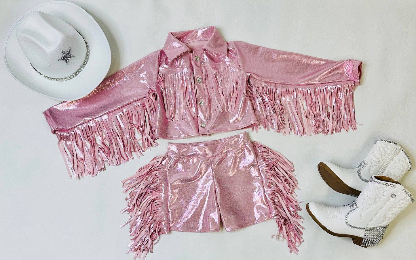 8Cowgirl Couture Fringe Set(InfantJuniors)Matte or Metallic Lycra Mystique|60+ Colors|Boots & Hat Sold Separately. Handmade Wholesome Goods