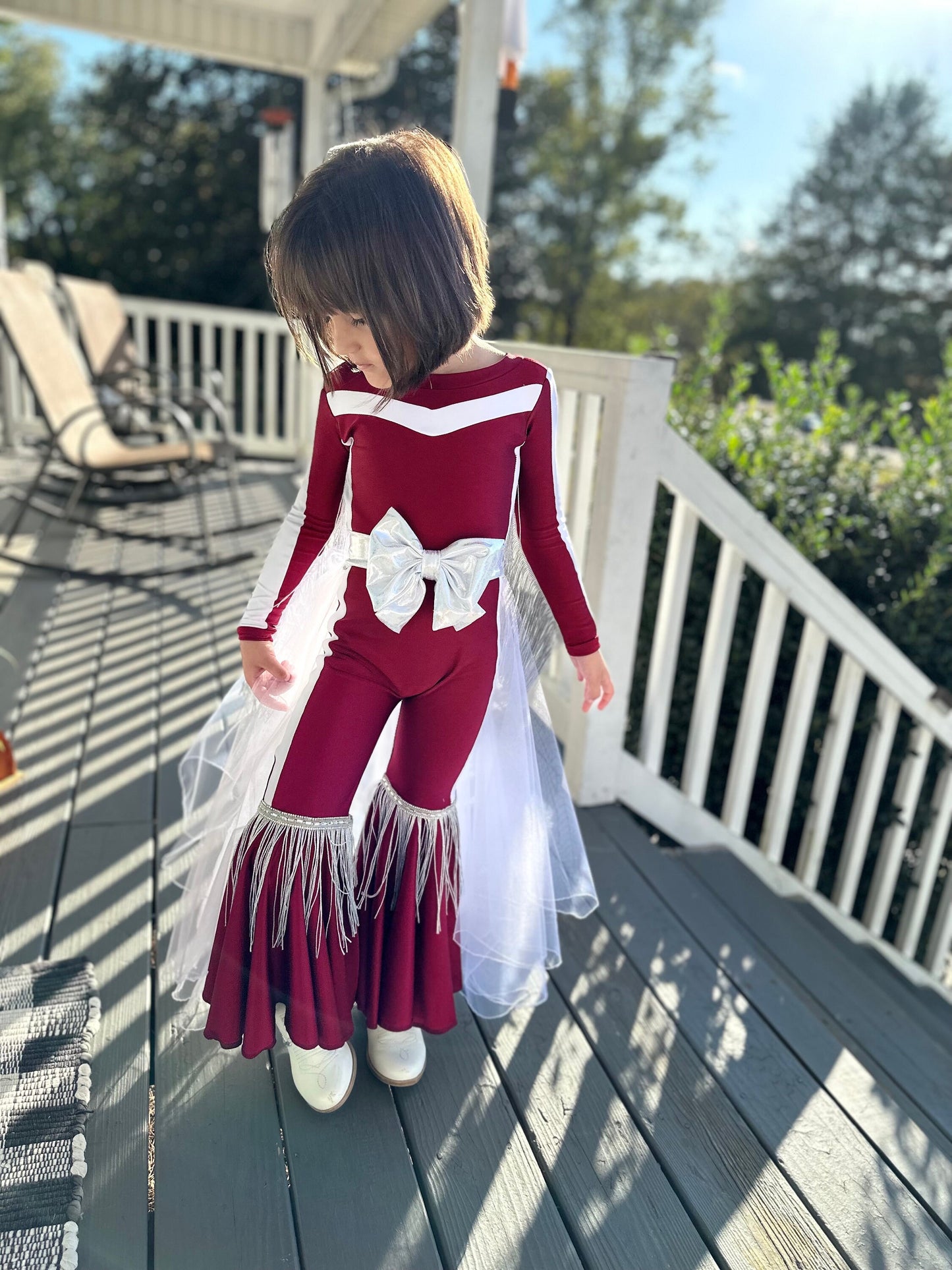 Touchdown Elegance: Custom Kids' Tulle/Organza Skirt and Fringed Feathered Jumpsuit in Your Favorite Football Team Colors