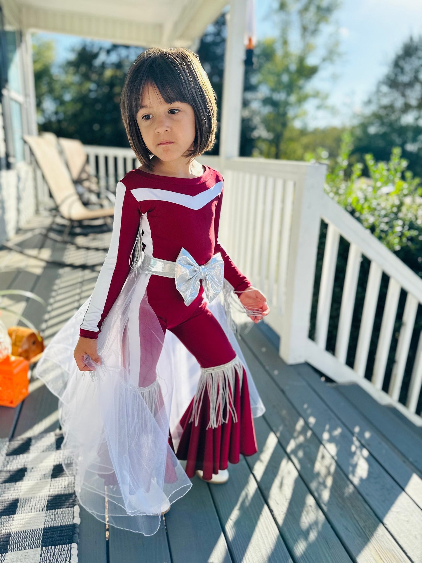 Touchdown Elegance: Custom Kids' Tulle/Organza Skirt and Fringed Feathered Jumpsuit in Your Favorite Football Team Colors