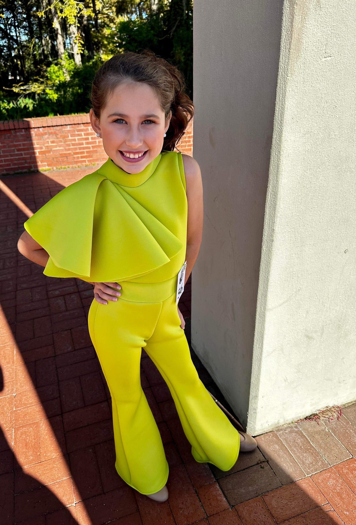 Custom Pageant Neoprene Scuba Jumpsuit with Ruffles, Girls Casual Wear, Romper Outfit. Wholesome Goods Co