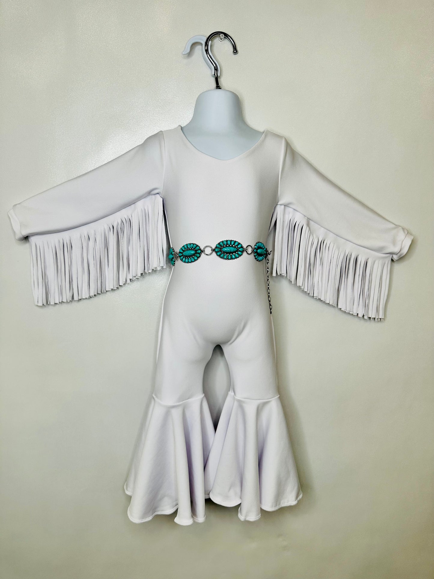 White Phoenix Kids Jumpsuit, Fringe Sleeves, Flare Bells with Concho Belt Toddler to Tween Sizes|Pageant Wear|Dance
