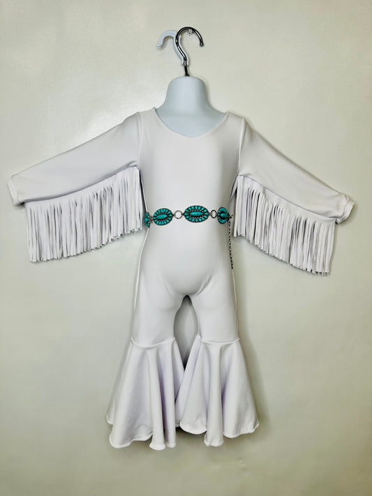 White Phoenix Kids Jumpsuit, Fringe Sleeves, Flare Bells with Concho Belt Toddler to Tween Sizes|Pageant Wear|Dance