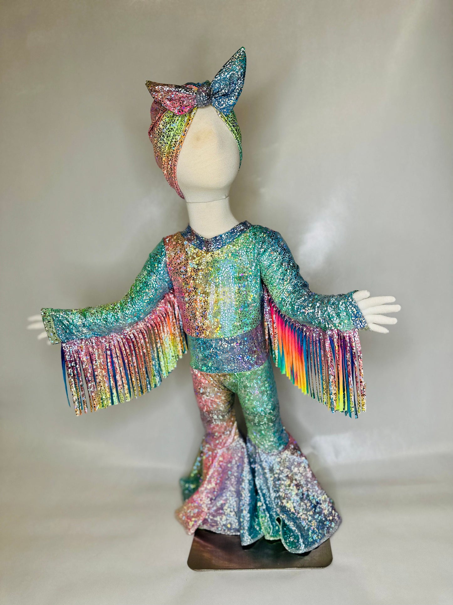 Phoenix Phoenix Cosmic Radiance Kids Jumpsuit, Fringe Sleeves, Flare Bells with Matching Turban Toddler to Tween Sizes|Pageant Wear|Dance