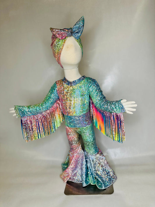 Phoenix Phoenix Cosmic Radiance Kids Jumpsuit, Fringe Sleeves, Flare Bells with Matching Turban Toddler to Tween Sizes|Pageant Wear|Dance