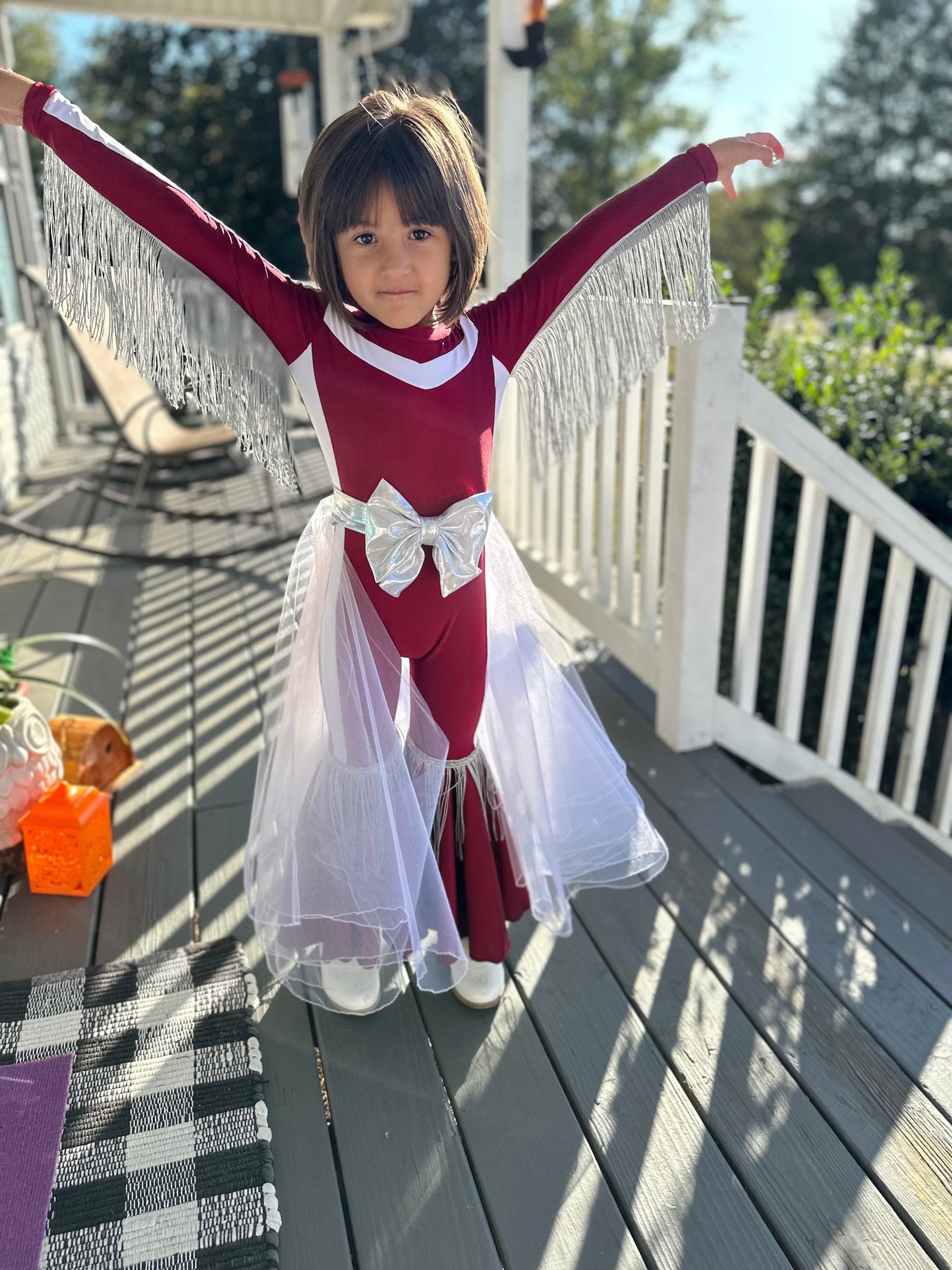 Touchdown Elegance: Custom Kids' Tulle/Organza Skirt and Fringed Feathered Jumpsuit in Your Favorite Football Team Colors