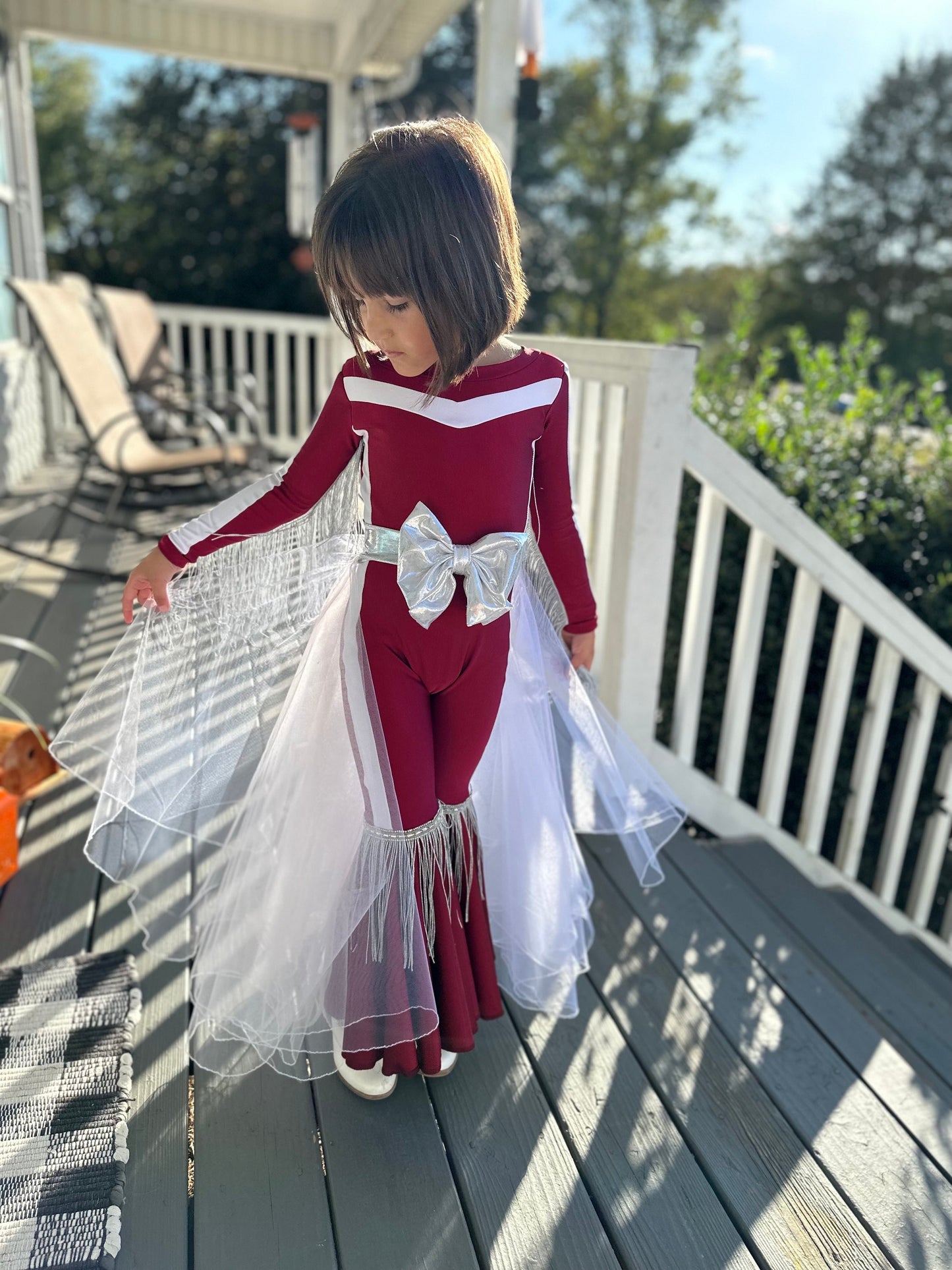 Touchdown Elegance: Custom Kids' Tulle/Organza Skirt and Fringed Feathered Jumpsuit in Your Favorite Football Team Colors