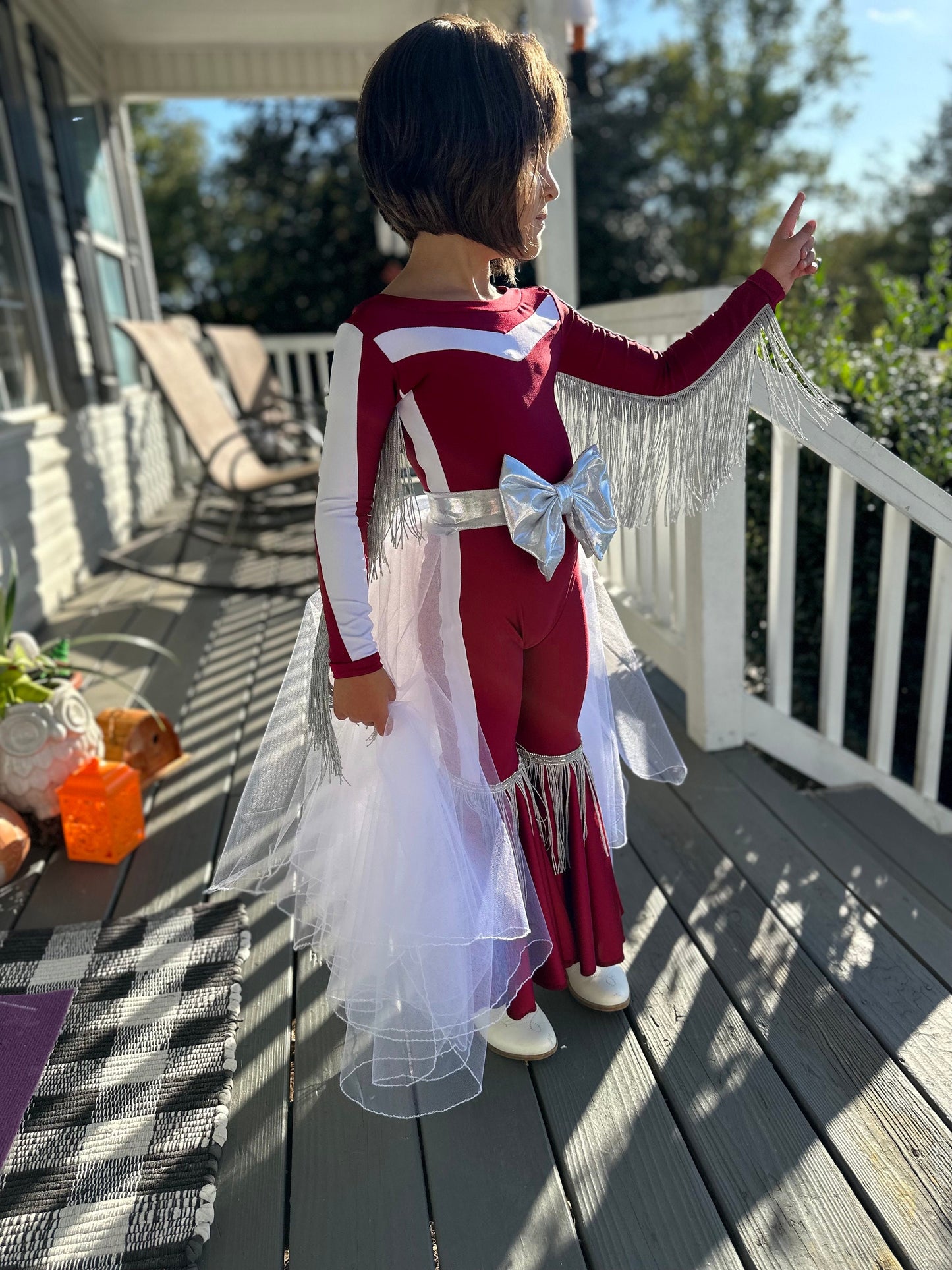Touchdown Elegance: Custom Kids' Tulle/Organza Skirt and Fringed Feathered Jumpsuit in Your Favorite Football Team Colors