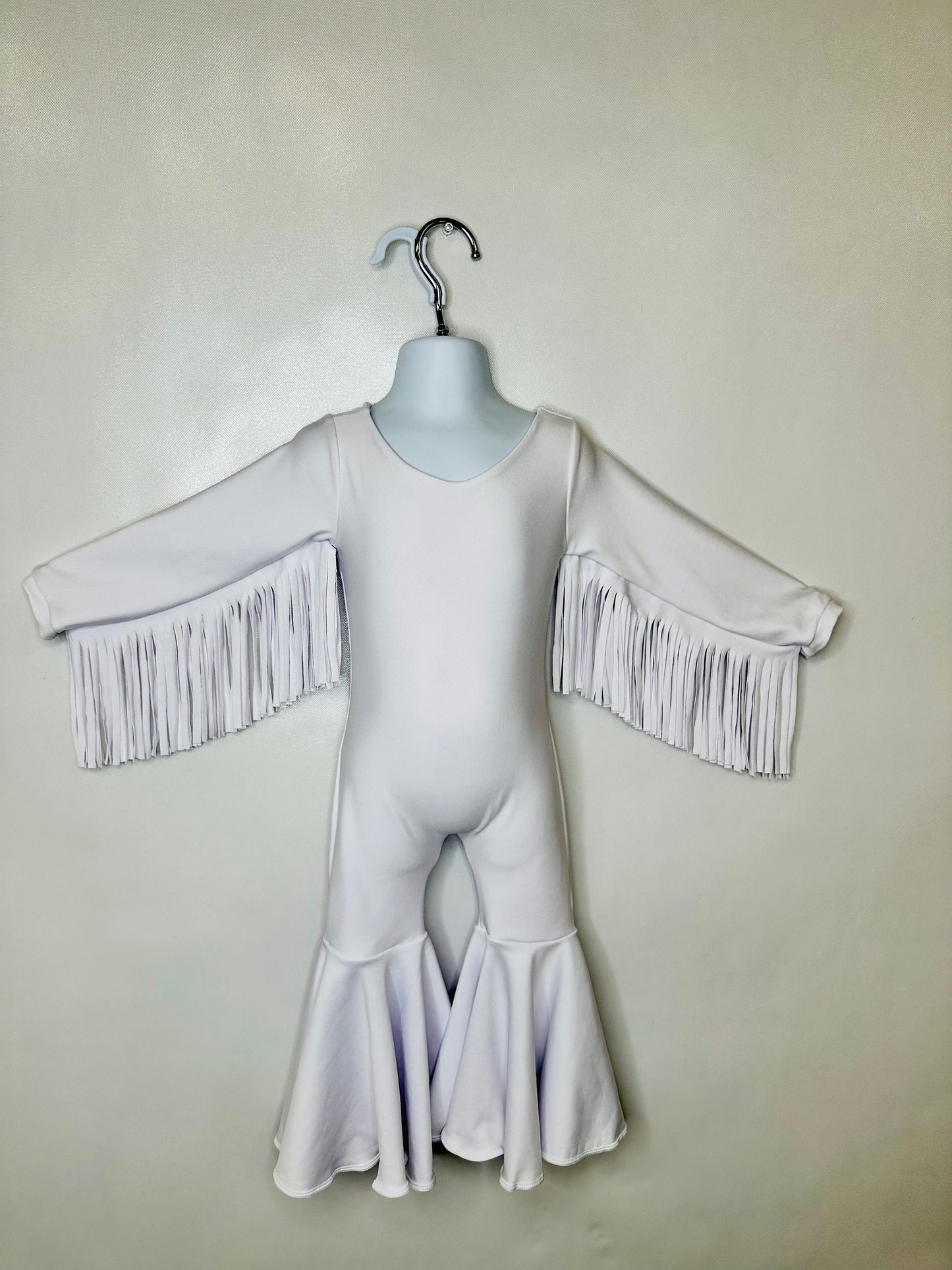 White Phoenix Kids Jumpsuit, Fringe Sleeves, Flare Bells with Concho Belt Toddler to Tween Sizes|Pageant Wear|Dance