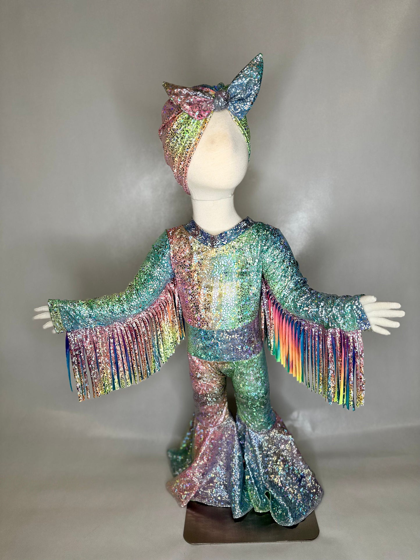 Phoenix Phoenix Cosmic Radiance Kids Jumpsuit, Fringe Sleeves, Flare Bells with Matching Turban Toddler to Tween Sizes|Pageant Wear|Dance