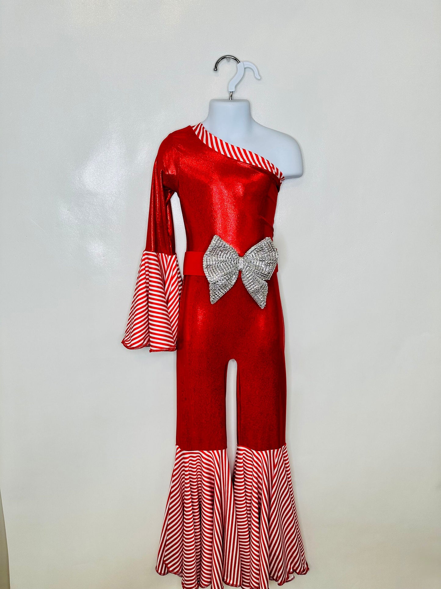 Candy Cane Christmas Jumpsuit for Kids Also Available In Adult Sizes|Detachable Train, Bow Belt, Hair Bow, Wrist Cuffs|Sold Separately