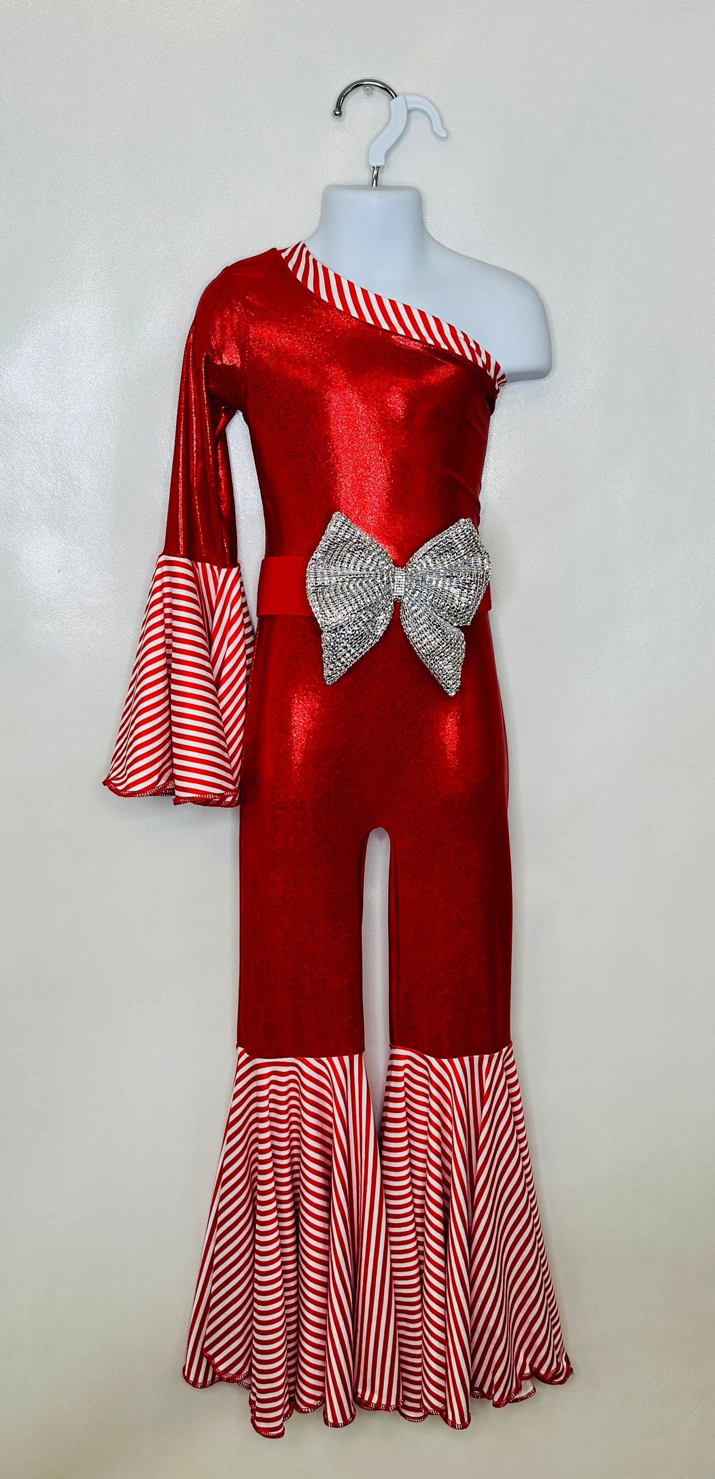 Candy Cane Christmas Jumpsuit for Kids Also Available In Adult Sizes|Detachable Train, Bow Belt, Hair Bow, Wrist Cuffs|Sold Separately