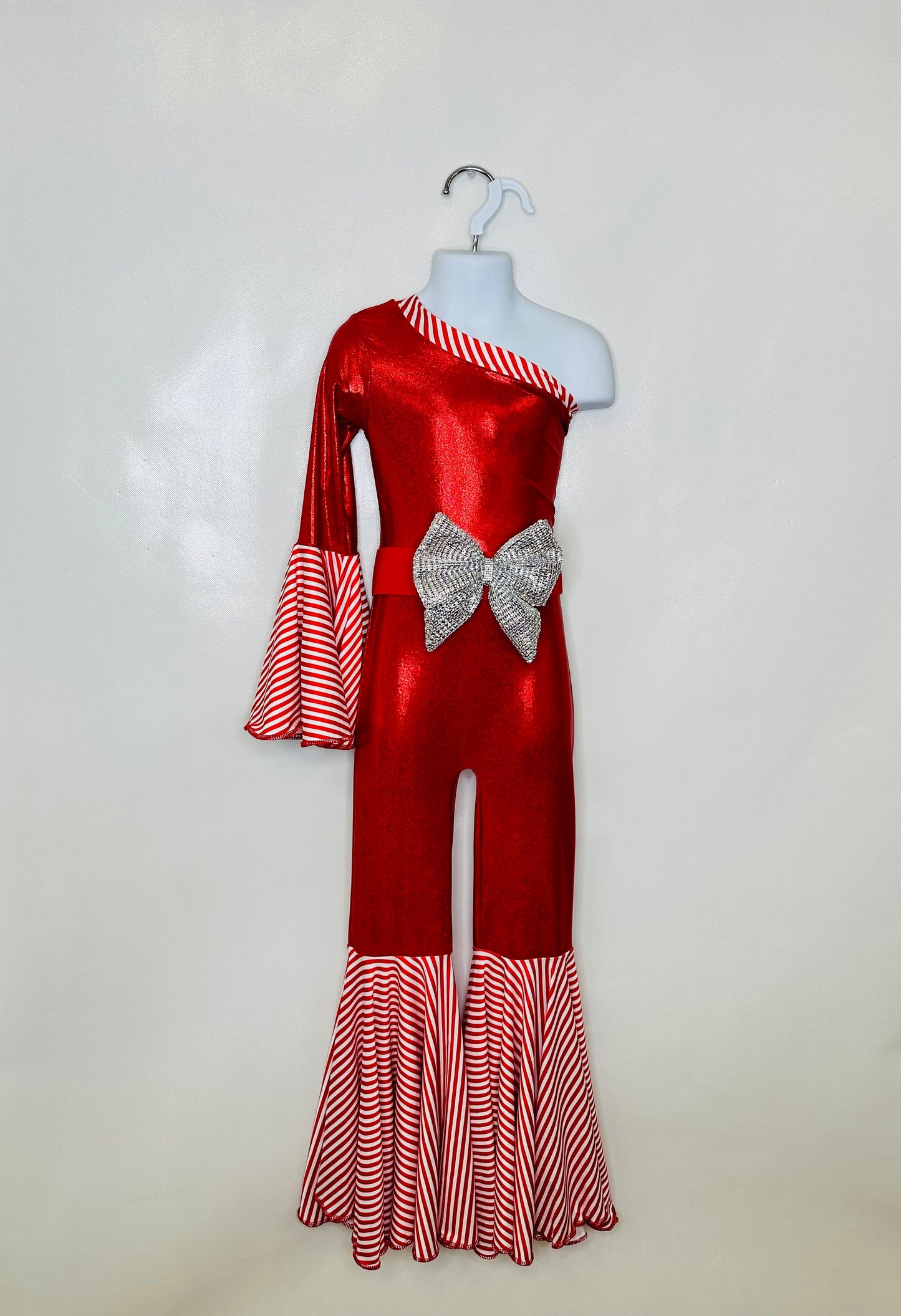 Candy Cane Christmas Jumpsuit for Kids Also Available In Adult Sizes|Detachable Train, Bow Belt, Hair Bow, Wrist Cuffs|Sold Separately