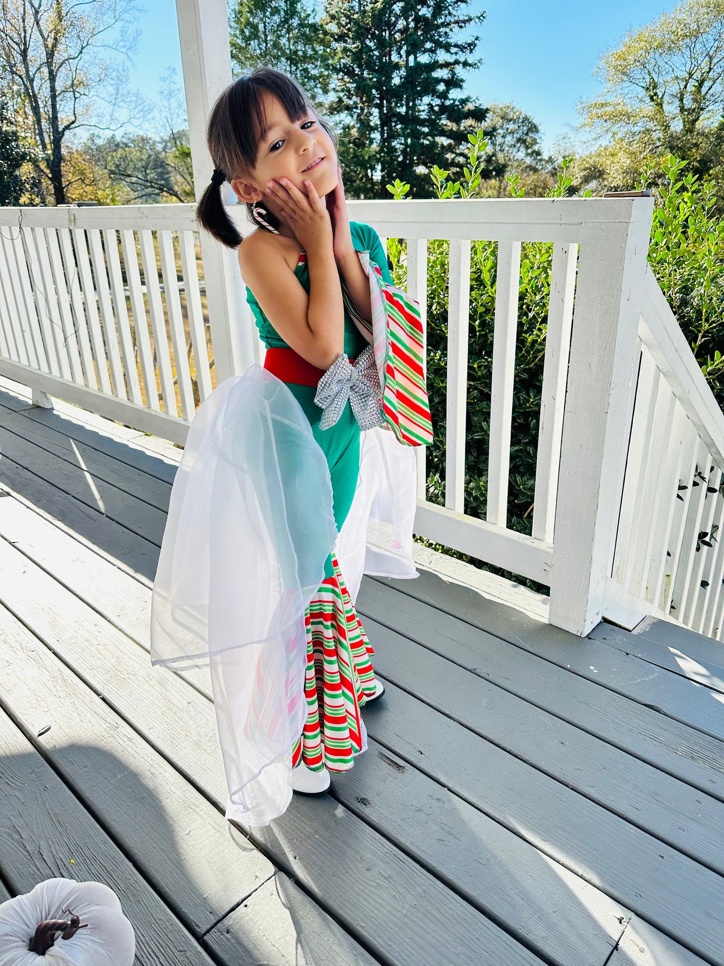 Green Candy Cane Christmas Jumpsuit for Kids|Optional Detachable Train Skirt, Bow Belt, Hair Bow, Wrist Cuffs|Holiday Outfit|Sold Separately
