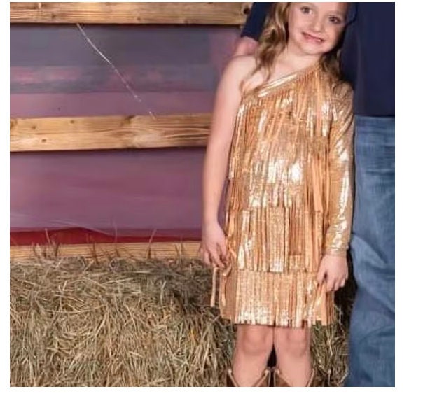 Gold Cowgirl Boho Chic Rodeo Ready One Shoulder Fringe Dress for Free-Spirited Kids - Available in Multiple Colors & Sleeve Styles