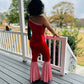 Candy Cane Christmas Jumpsuit for Kids Also Available In Adult Sizes|Detachable Train, Bow Belt, Hair Bow, Wrist Cuffs|Sold Separately