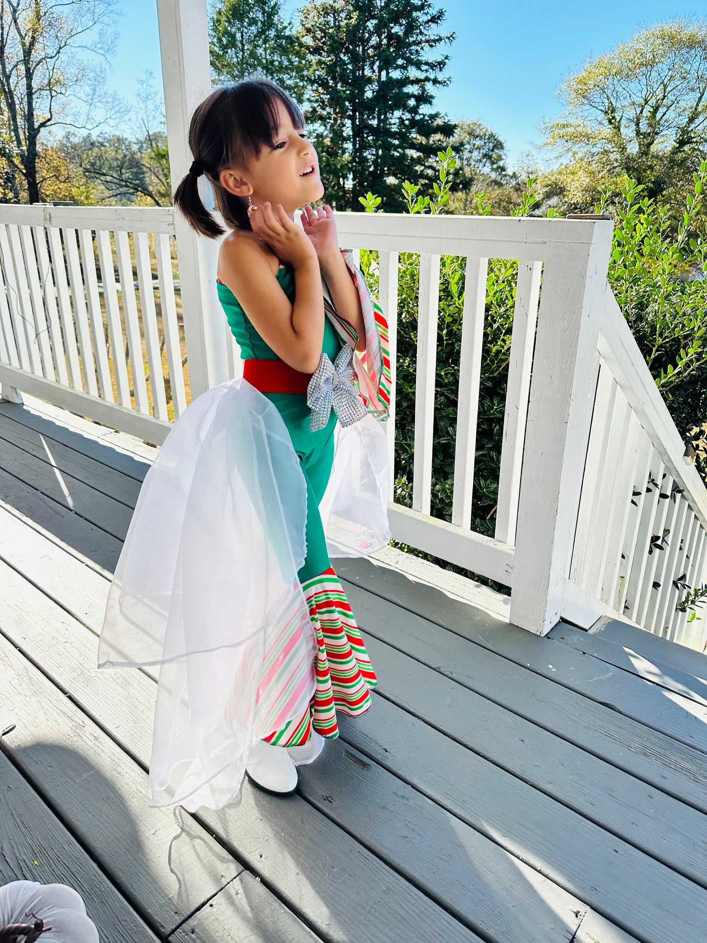 Green Candy Cane Christmas Jumpsuit for Kids|Optional Detachable Train Skirt, Bow Belt, Hair Bow, Wrist Cuffs|Holiday Outfit|Sold Separately