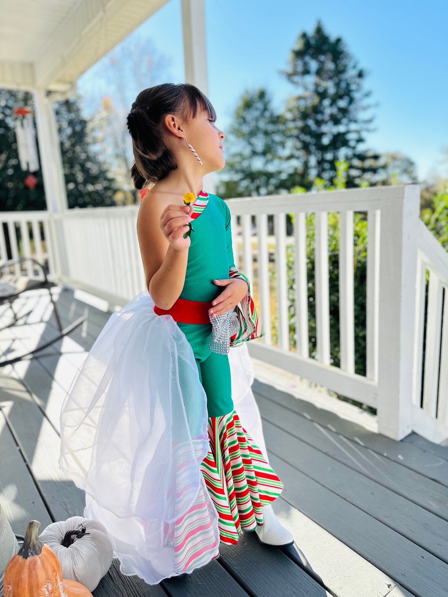 Green Candy Cane Christmas Jumpsuit for Kids|Optional Detachable Train Skirt, Bow Belt, Hair Bow, Wrist Cuffs|Holiday Outfit|Sold Separately