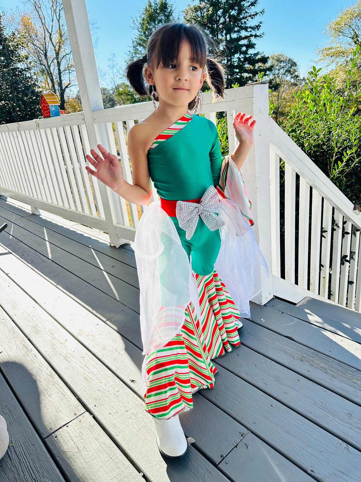 Green Candy Cane Christmas Jumpsuit for Kids|Optional Detachable Train Skirt, Bow Belt, Hair Bow, Wrist Cuffs|Holiday Outfit|Sold Separately