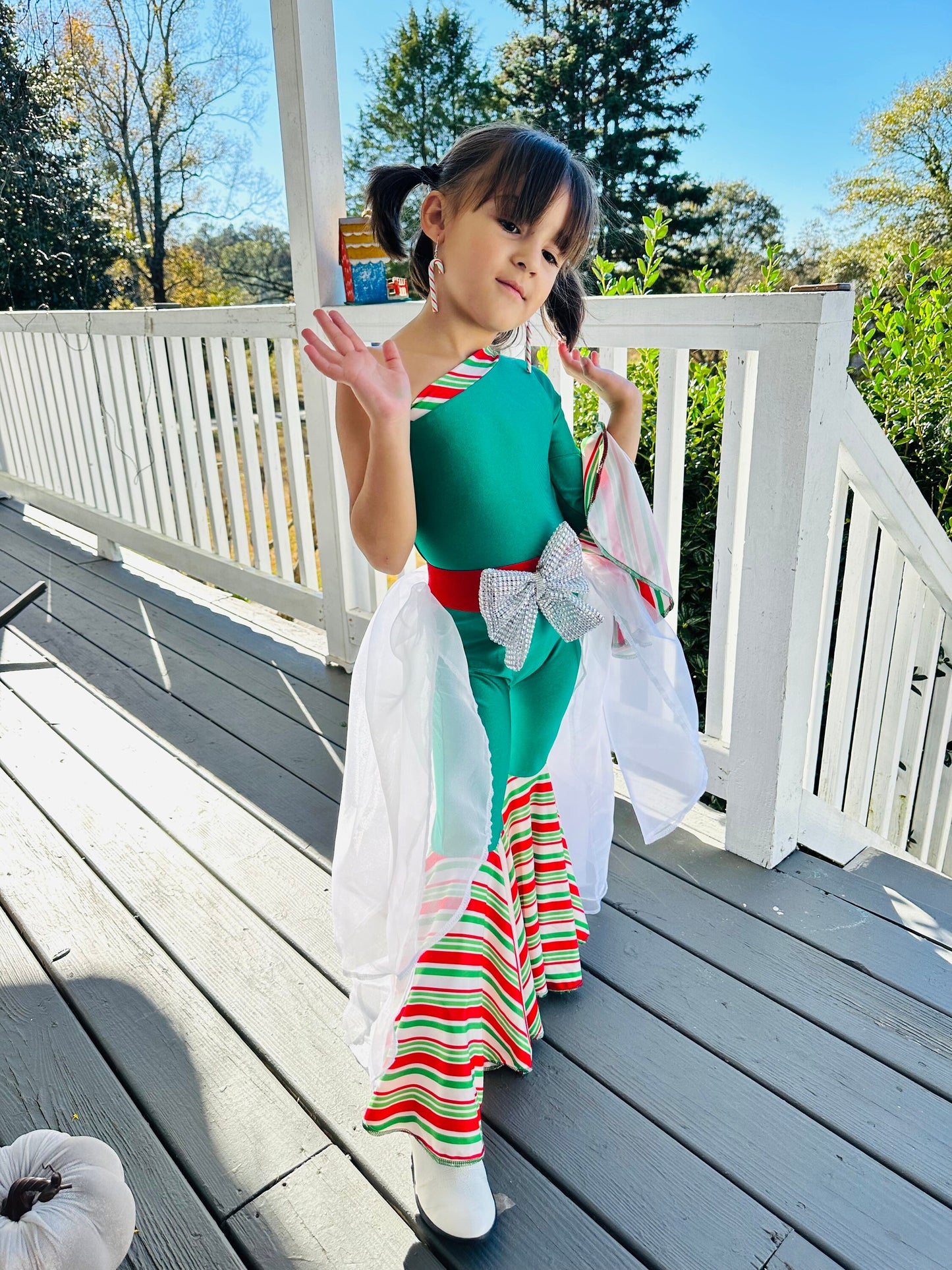 Green Candy Cane Christmas Jumpsuit for Kids|Optional Detachable Train Skirt, Bow Belt, Hair Bow, Wrist Cuffs|Holiday Outfit|Sold Separately