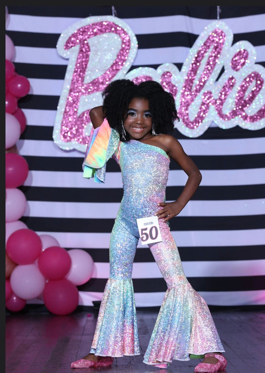Dancing Queen One-Shoulder Jumpsuit|Metallic BellBottom Dance Outfit|Girls Disco Costume|Birthday Pageant Stage Wear|Custom Colors&Sizes