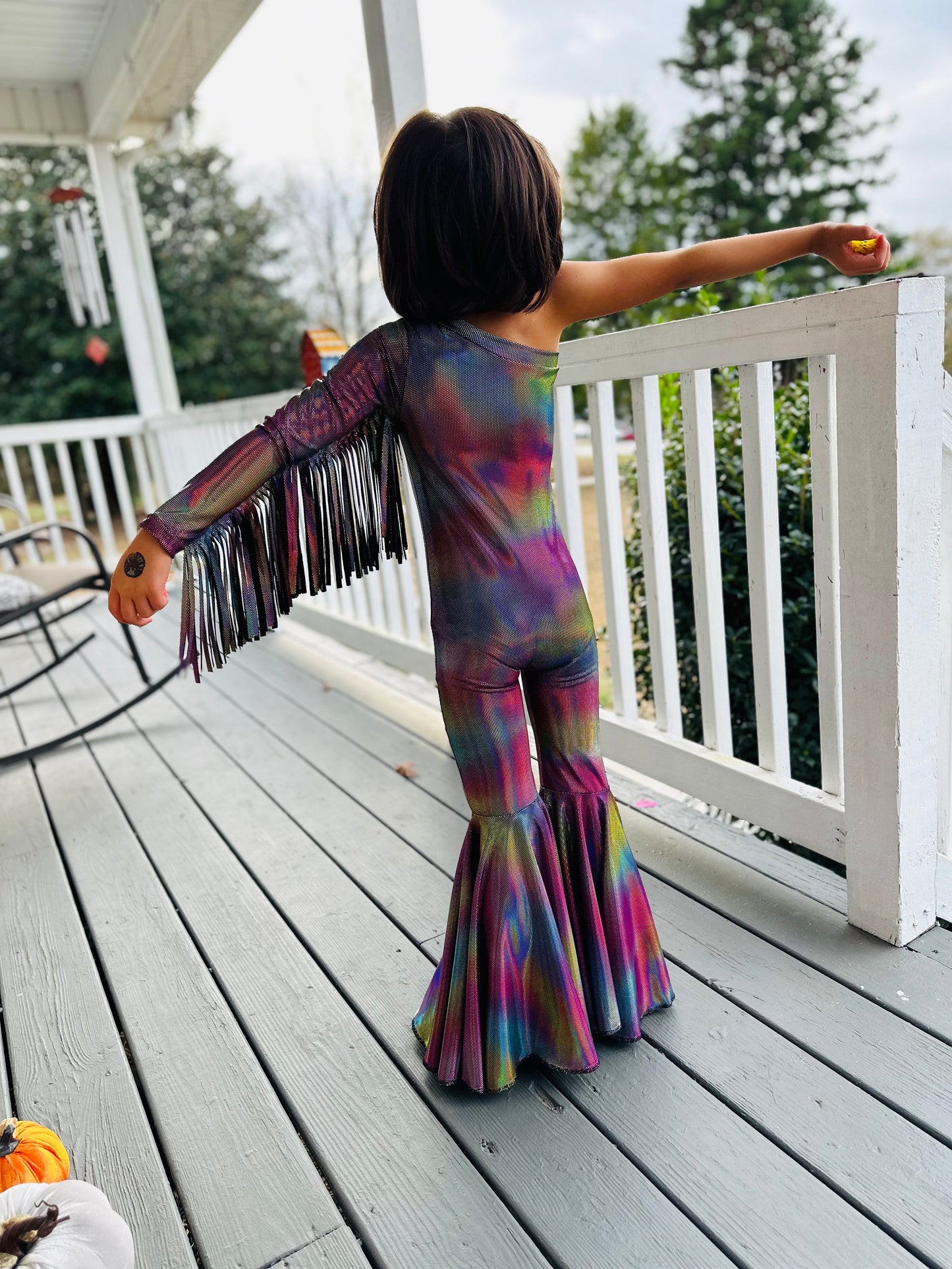 Boogie Nights Iridescent Rainbow Fringe Jumpsuit|One-Shoulder Bell Sleeve & Flared Leg|Girls' Birthday and Dance Outfit|More Colors Availabl
