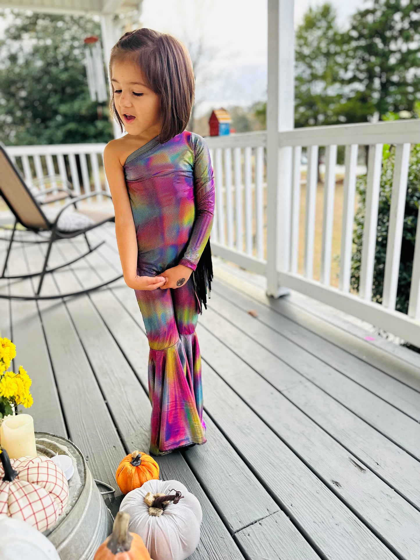 Boogie Nights Iridescent Rainbow Fringe Jumpsuit|One-Shoulder Bell Sleeve & Flared Leg|Girls' Birthday and Dance Outfit|More Colors Availabl