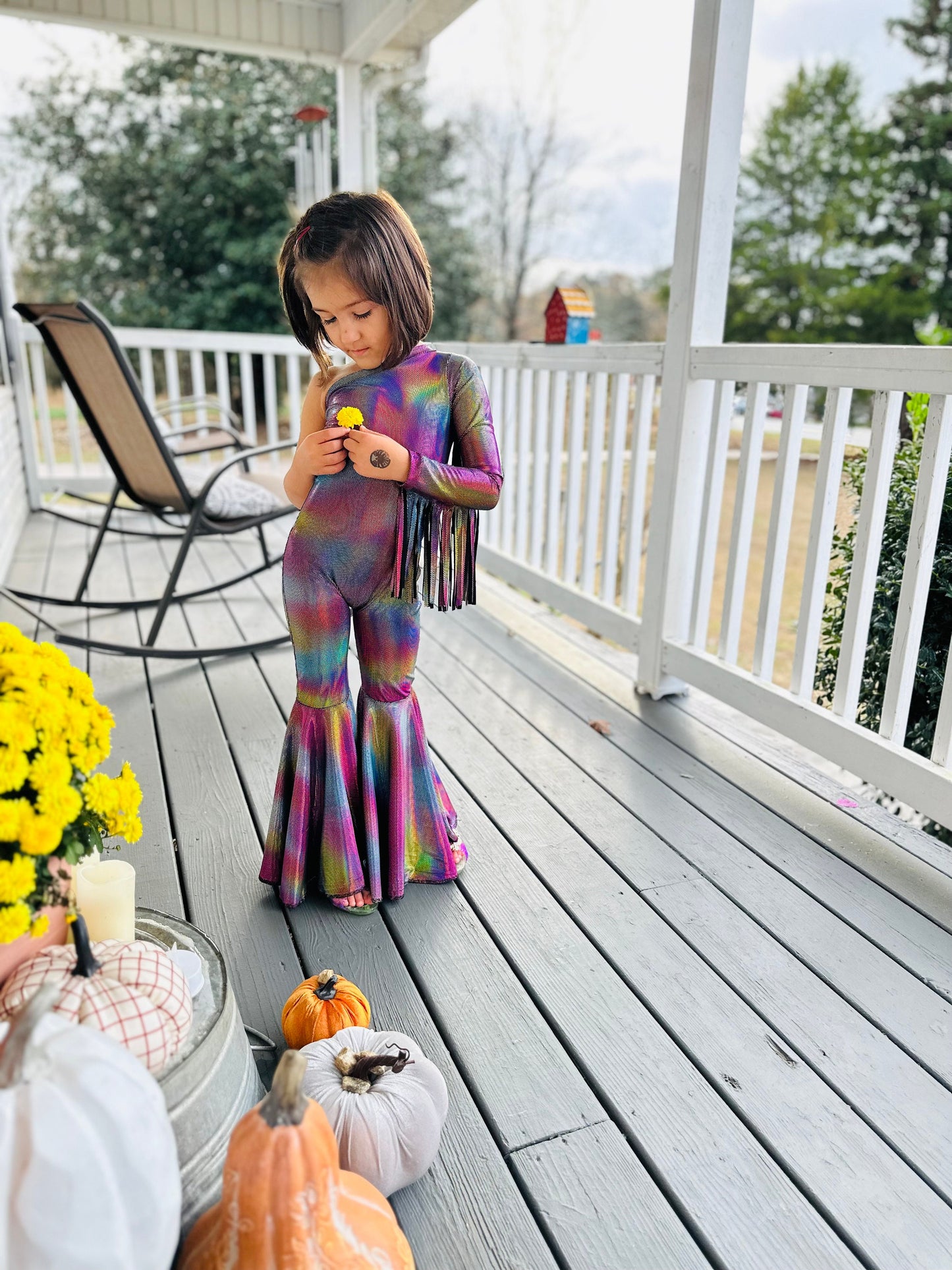 Boogie Nights Iridescent Rainbow Fringe Jumpsuit|One-Shoulder Bell Sleeve & Flared Leg|Girls' Birthday and Dance Outfit|More Colors Availabl