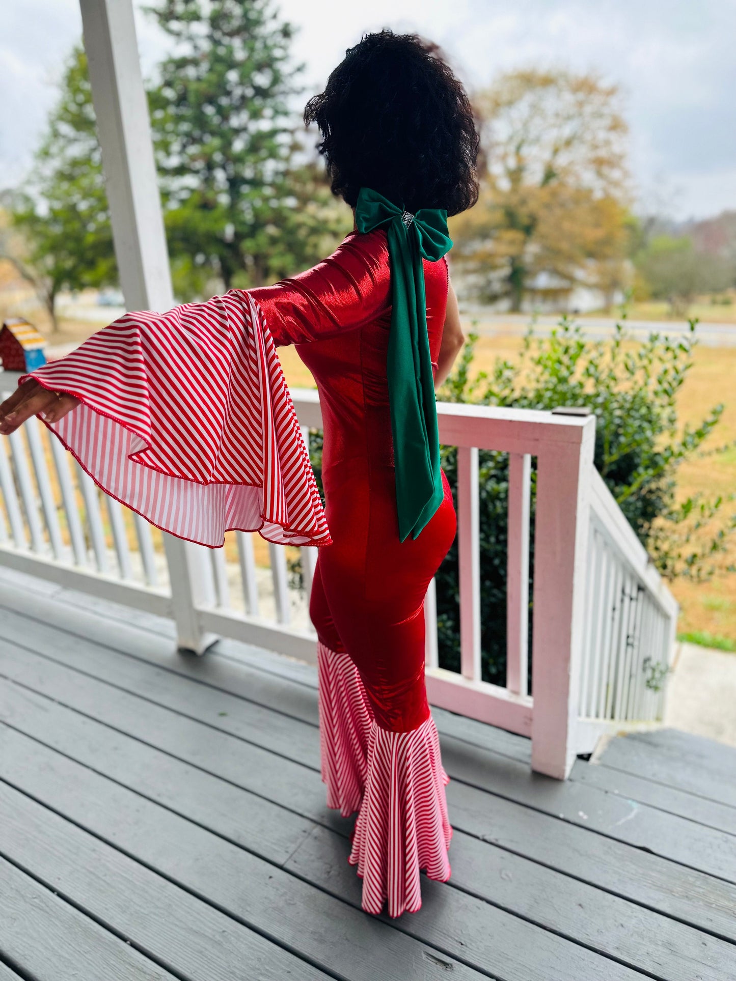 Candy Cane Christmas Jumpsuit for Kids Also Available In Adult Sizes|Detachable Train, Bow Belt, Hair Bow, Wrist Cuffs|Sold Separately
