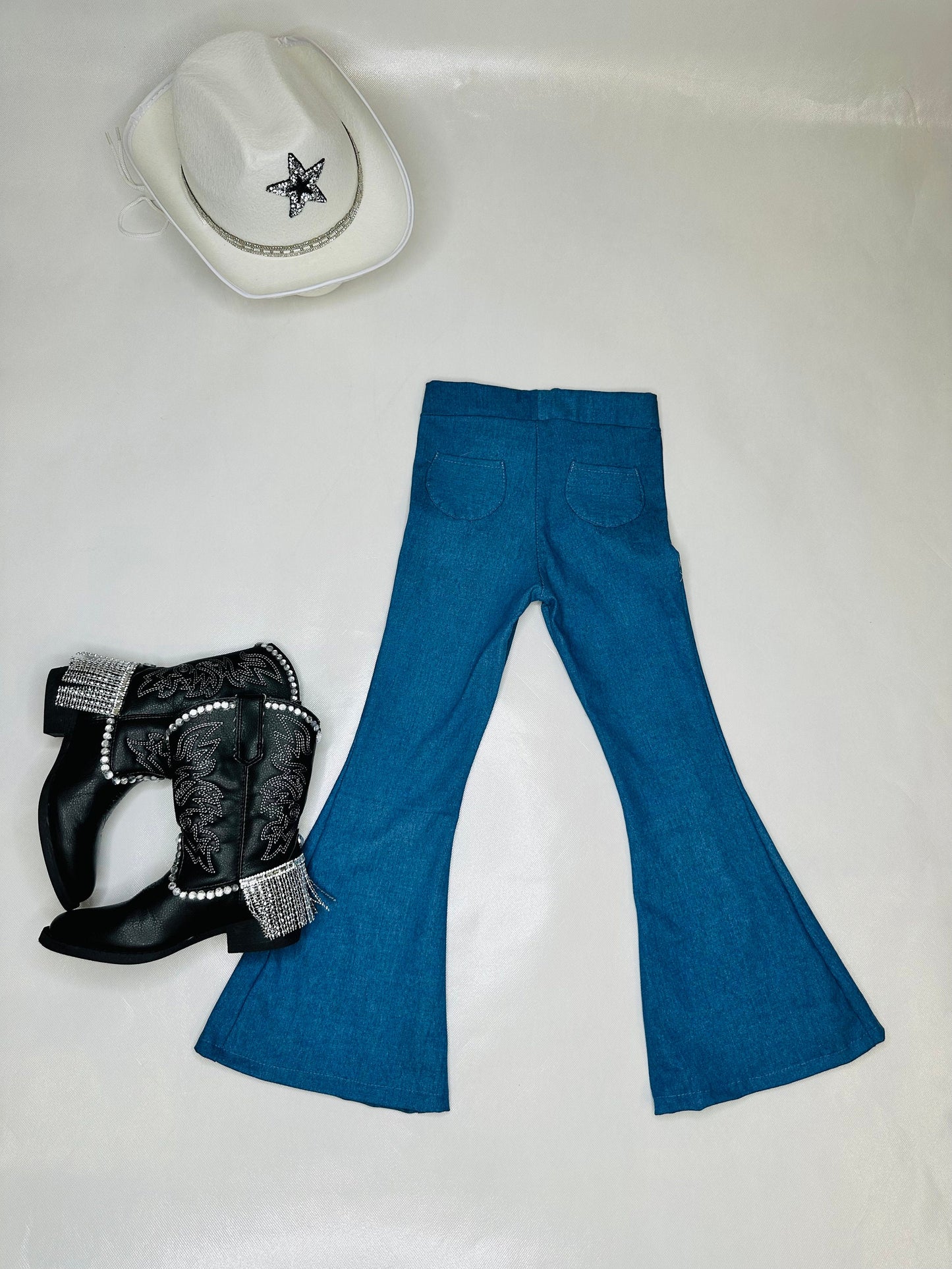Girls' Western Flair Ensemble: Cow Spot Fringe Top, Flared Denim and Suede Vest|Custom Cowgirl Hat & Boots Sold Separately|Wholesome Goods