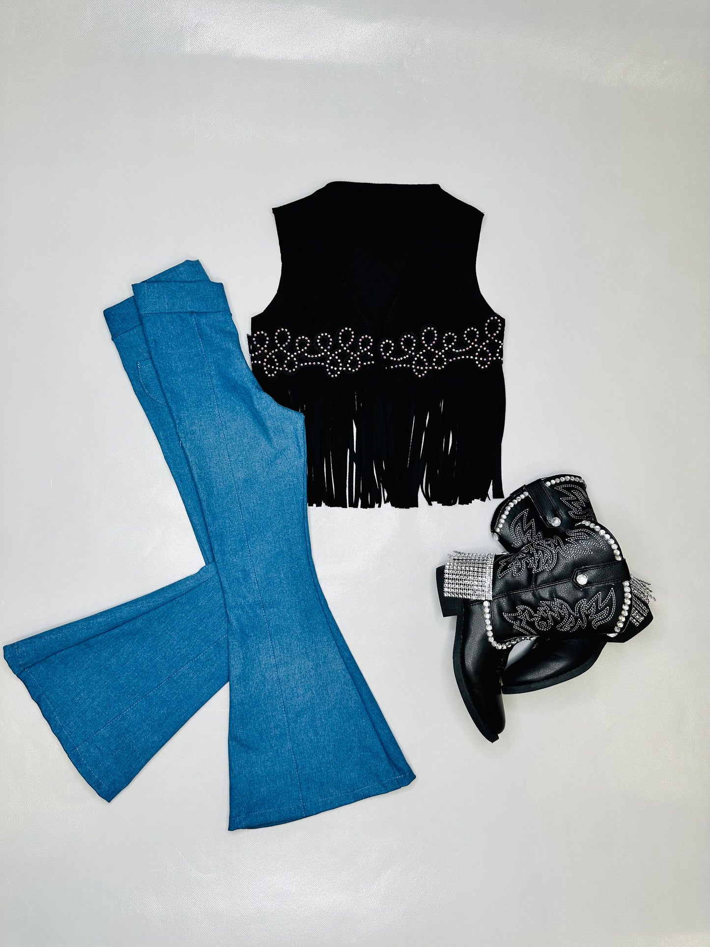 Girls' Western Flair Ensemble: Cow Spot Fringe Top, Flared Denim and Suede Vest|Custom Cowgirl Hat & Boots Sold Separately|Wholesome Goods
