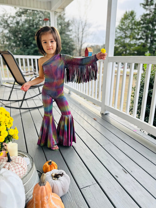 Boogie Nights Iridescent Rainbow Fringe Jumpsuit|One-Shoulder Bell Sleeve & Flared Leg|Girls' Birthday and Dance Outfit|More Colors Availabl