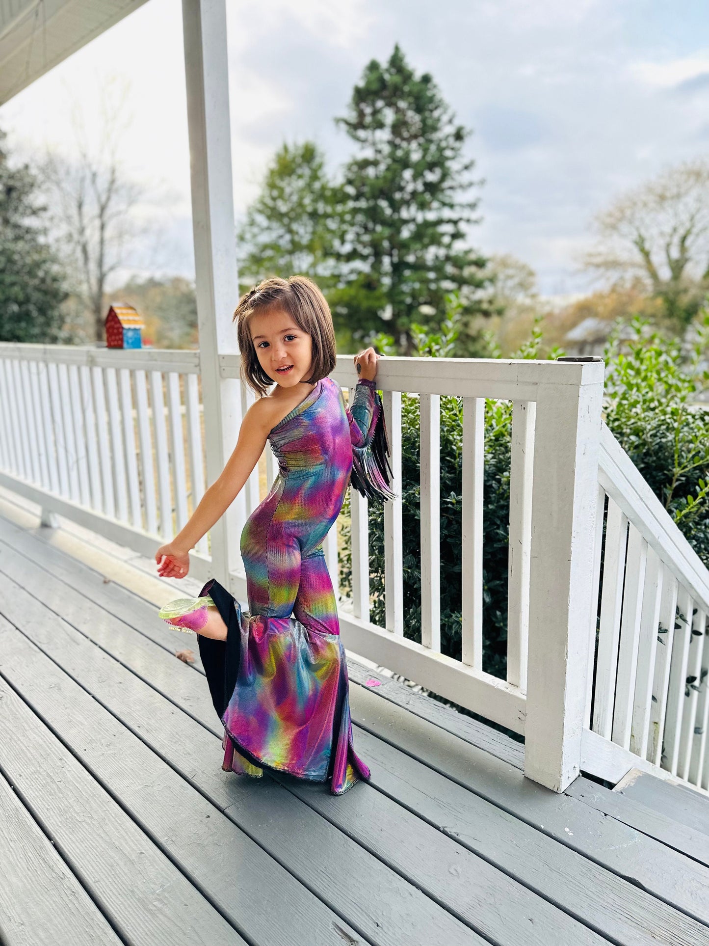 Boogie Nights Iridescent Rainbow Fringe Jumpsuit|One-Shoulder Bell Sleeve & Flared Leg|Girls' Birthday and Dance Outfit|More Colors Availabl
