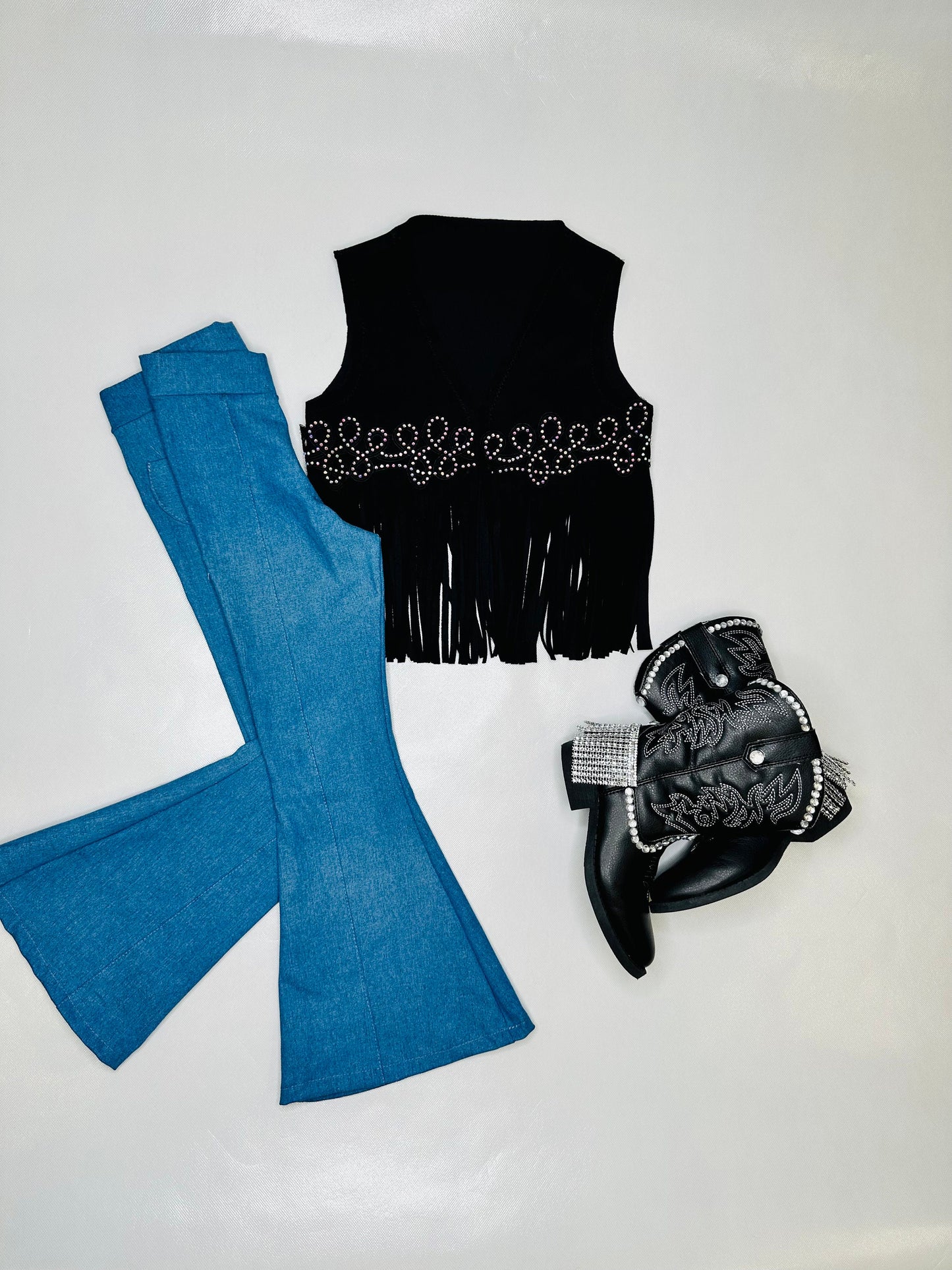 Girls' Western Flair Ensemble: Cow Spot Fringe Top, Flared Denim and Suede Vest|Custom Cowgirl Hat & Boots Sold Separately|Wholesome Goods