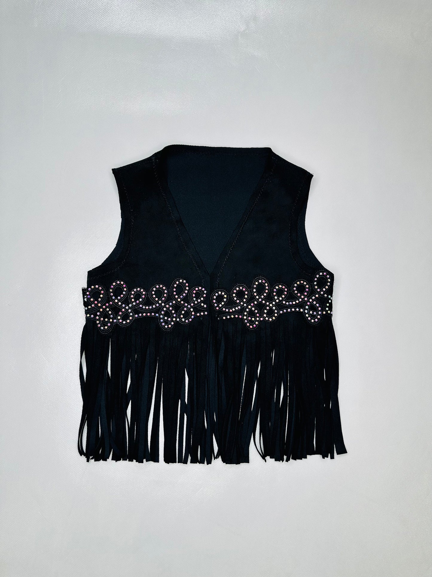 Girls' Western Flair Ensemble: Cow Spot Fringe Top, Flared Denim and Suede Vest|Custom Cowgirl Hat & Boots Sold Separately|Wholesome Goods
