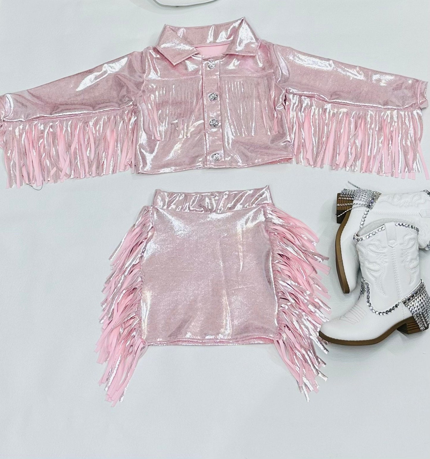 8Cowgirl Couture Fringe Set(InfantJuniors)Matte or Metallic Lycra Mystique|60+ Colors|Boots & Hat Sold Separately. Handmade Wholesome Goods