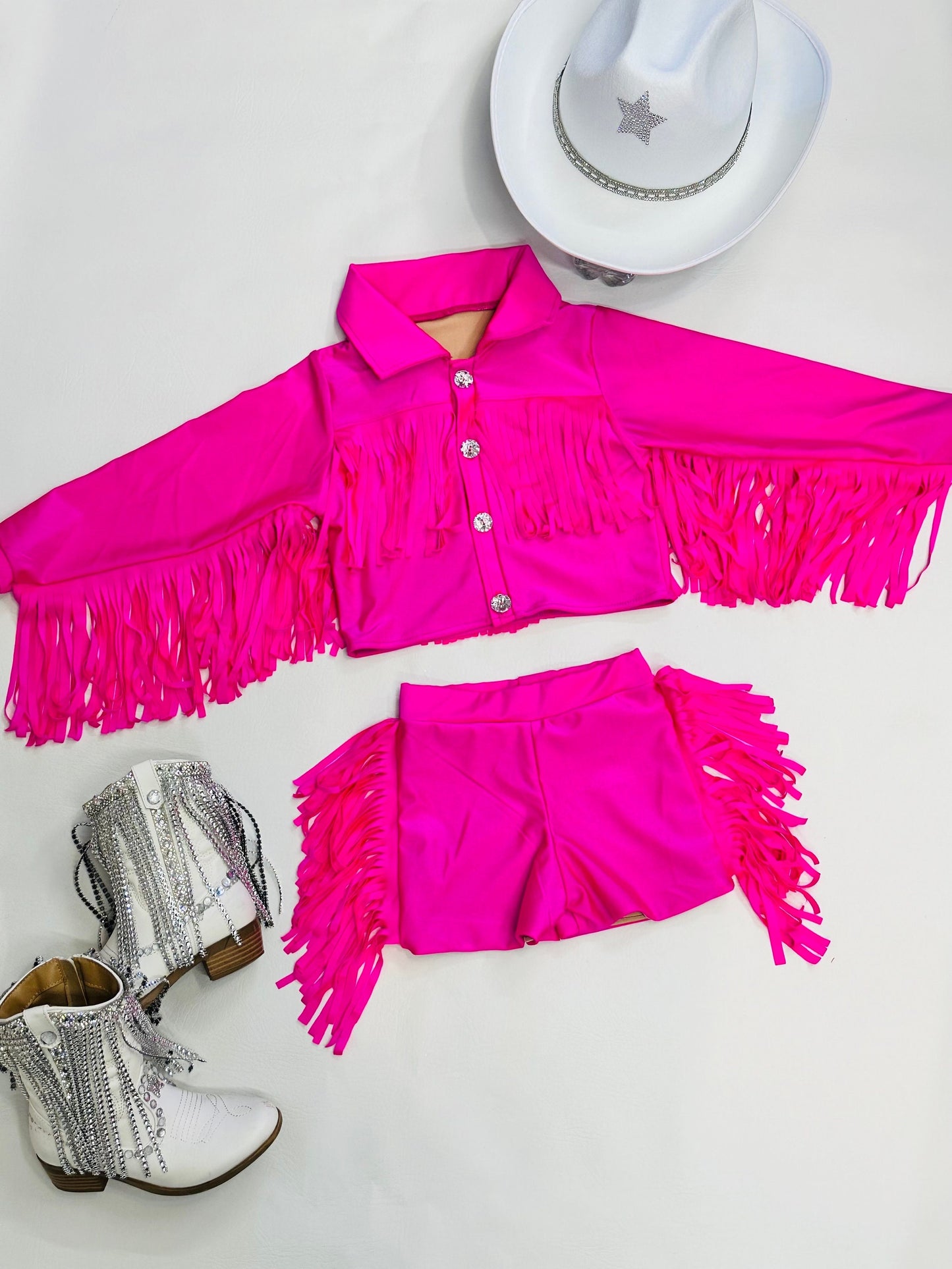 8Cowgirl Couture Fringe Set(InfantJuniors)Matte or Metallic Lycra Mystique|60+ Colors|Boots & Hat Sold Separately. Handmade Wholesome Goods