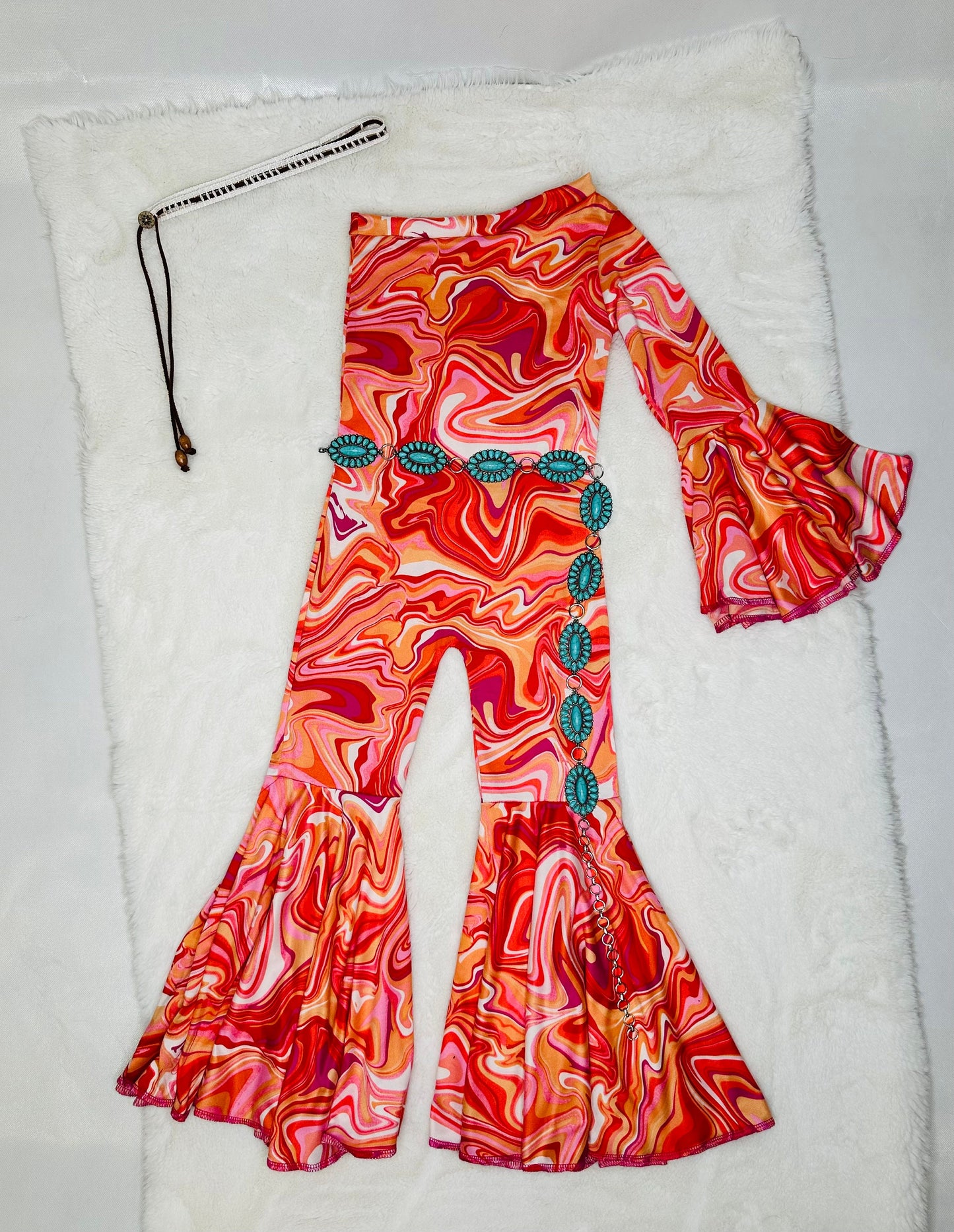 Dancing Queen Totally Retro Jumpsuit with Optional Concho Belt - Groovy '70s Disco Vibes|Flare Bell Jumpsuit|One Shoulder Jumpsuit