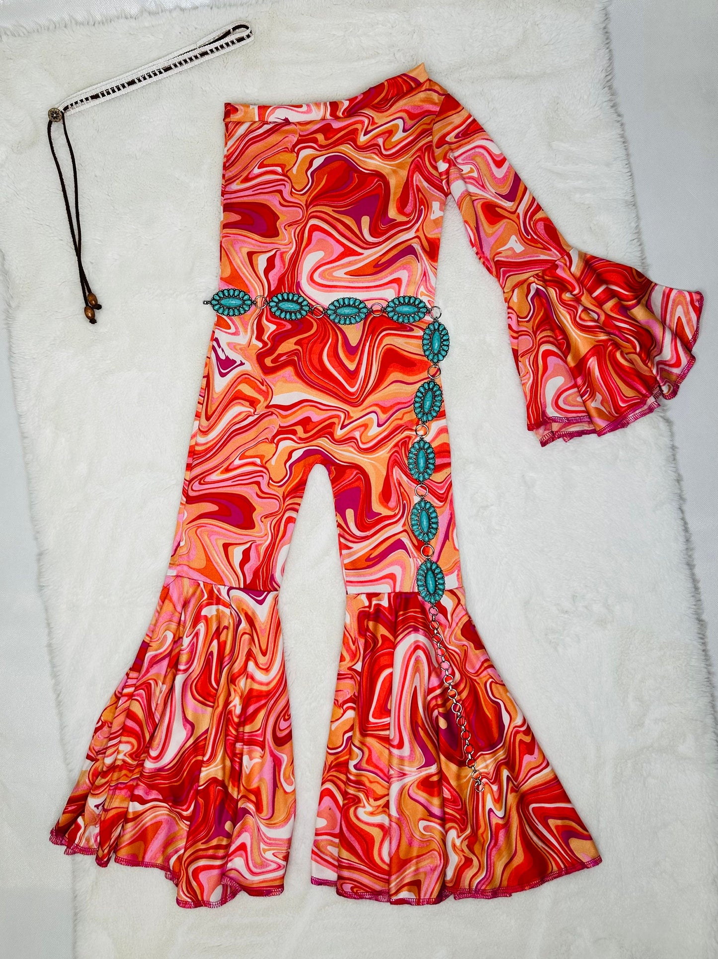 Dancing Queen Totally Retro Jumpsuit with Optional Concho Belt - Groovy '70s Disco Vibes|Flare Bell Jumpsuit|One Shoulder Jumpsuit