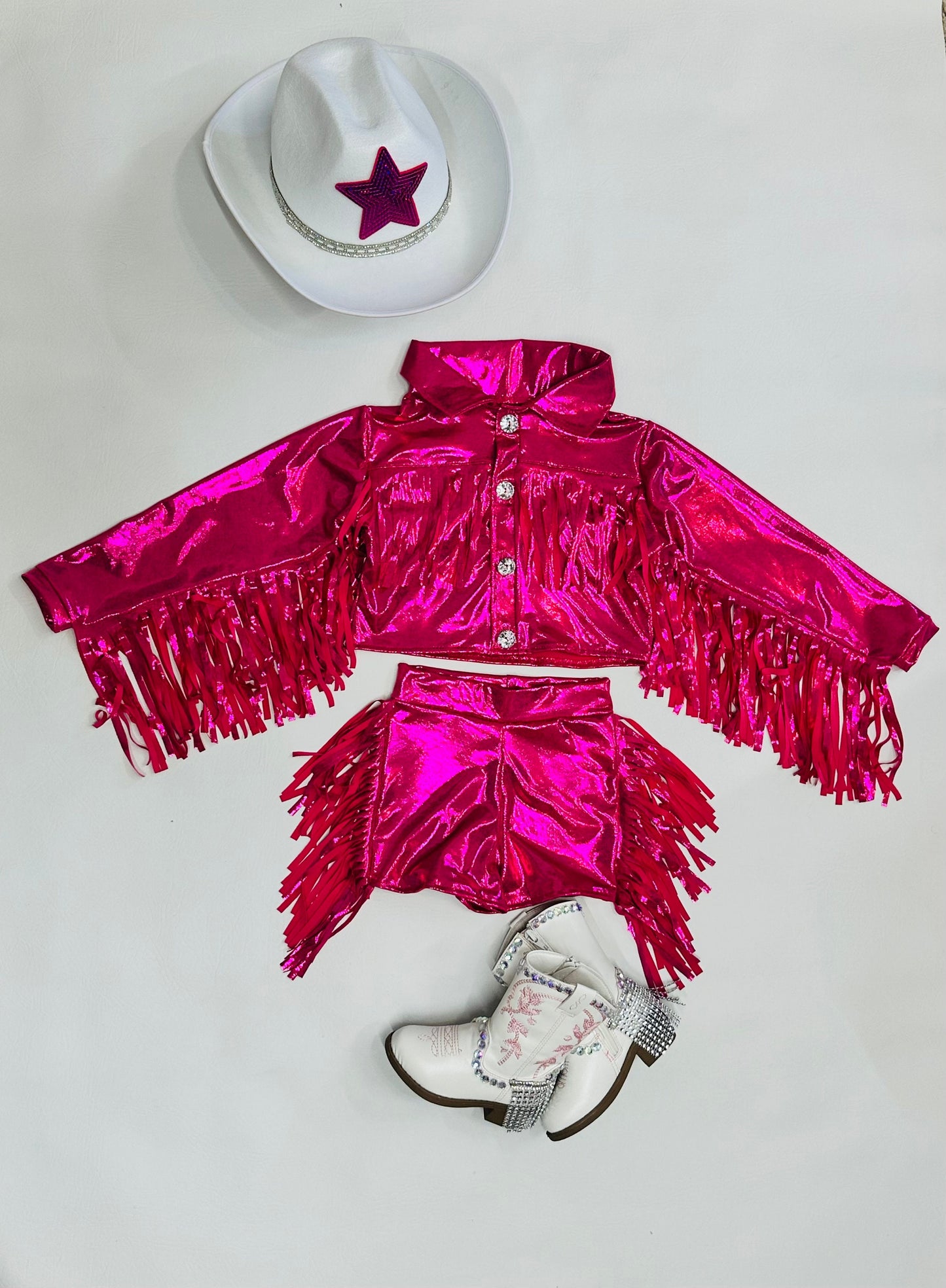 8Cowgirl Couture Fringe Set(InfantJuniors)Matte or Metallic Lycra Mystique|60+ Colors|Boots & Hat Sold Separately. Handmade Wholesome Goods
