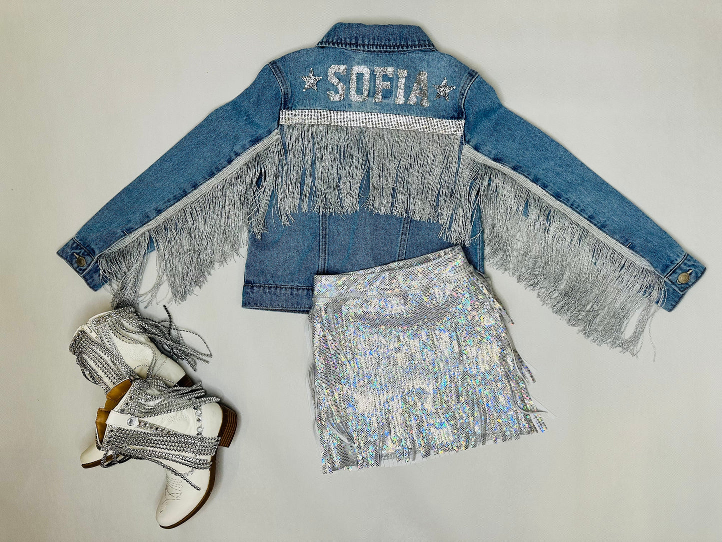 Custom Starlight Fringe Denim Jacket - Tailored Name Embellishment for Girls & Young Adults